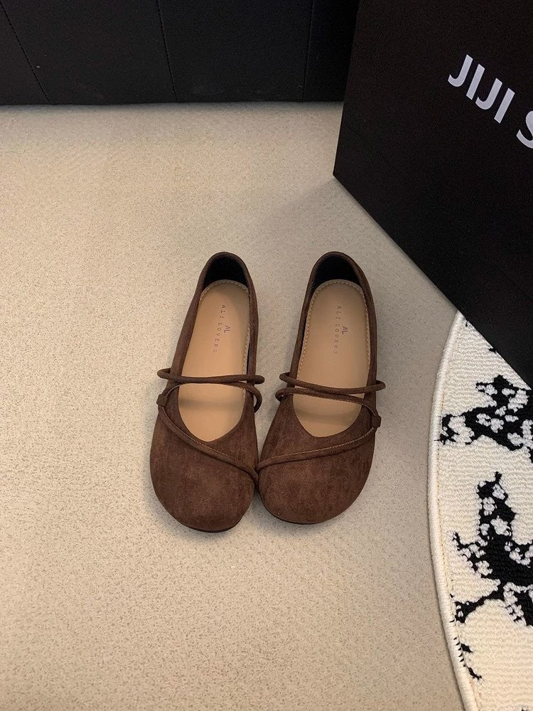 Women's Elegant Brown Mary Jane Flats French-Style Suede Loafers Spring/Autumn Collection Flat Shoes for Casual Wear