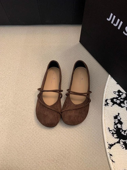 Women's Elegant Brown Mary Jane Flats French-Style Suede Loafers Spring/Autumn Collection Flat Shoes for Casual Wear