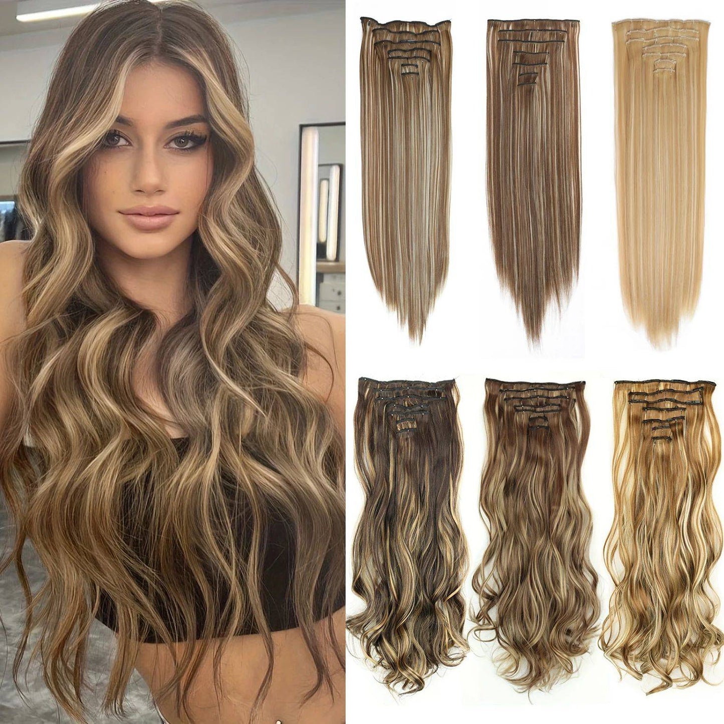 7 peças/conjunto de aplique de cabelo com 16 grampos, preto, longo e liso, cabelo natural, aplique de cabelo ombre, fibra resistente ao calor para penteado feminino