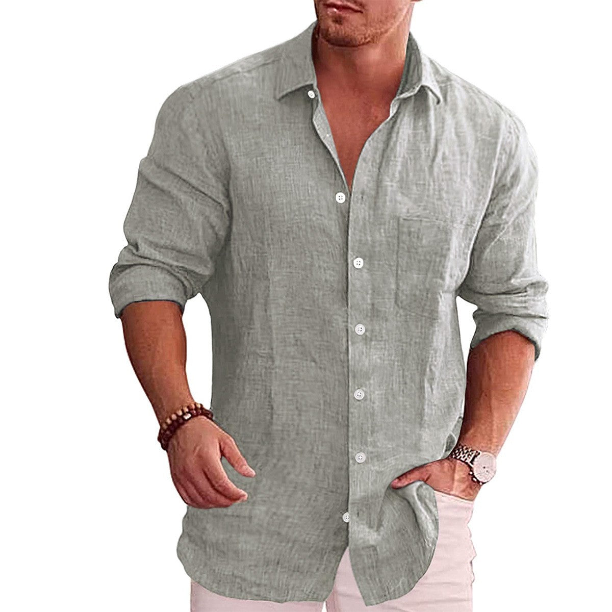 Men's Loose Large Size Solid Color Shirt Linen Collar Long Sleeve Casual Shirt