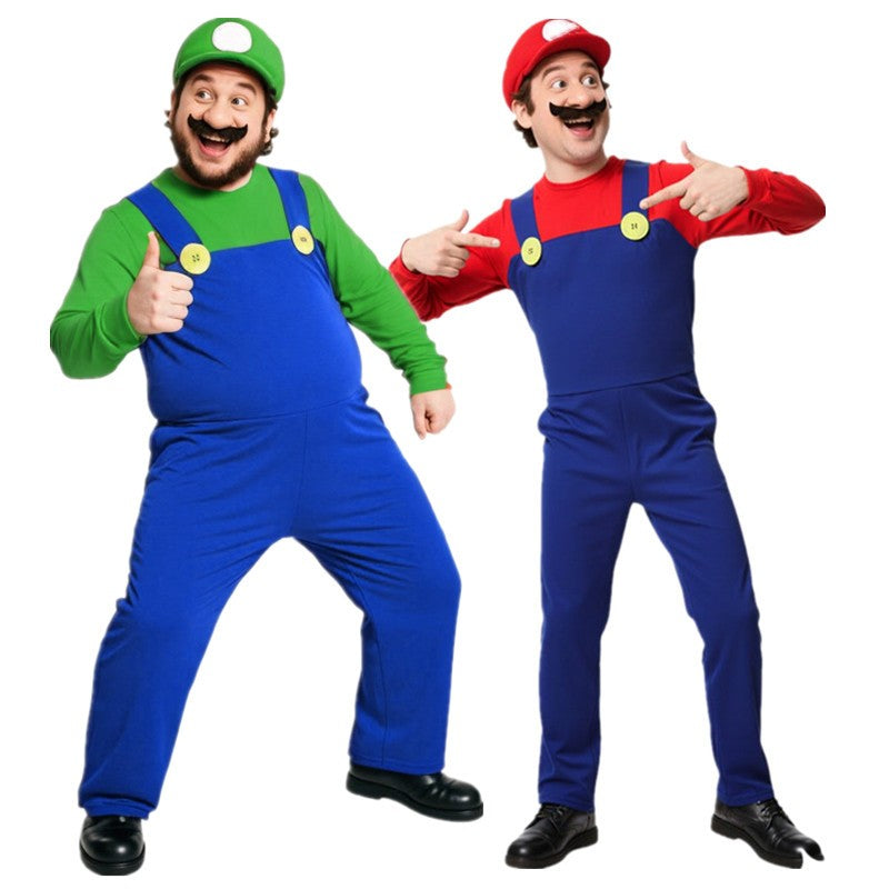 Men's Plumber Costume (Includes Hat, Gloves, Fake Beard) Halloween Cartoon Game Funny Outfit Red, Green, Yellow, Purple
