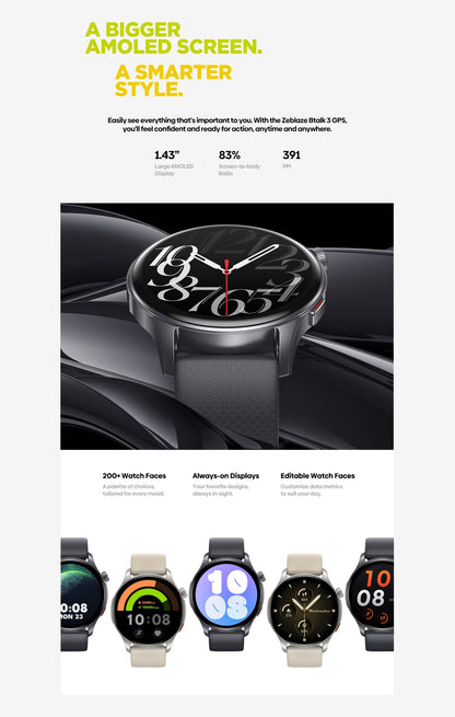 Novo Smartwatch Zeblaze Btalk 3 GPS Tela AMOLED de 1,43" Pulseiras Duplas Fazer/Atender Chamadas Monitoramento de Frequência Cardíaca SpO2 Estresse