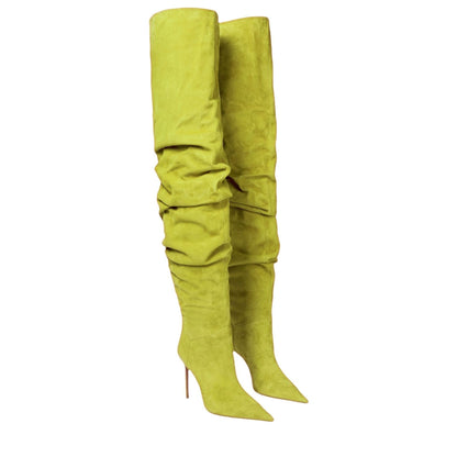 Women's New Pointed Pleated High-heeled Knee High Boots, Autumn and Winter Suede Thigh Boots, Women's Plus Size Stacking Boots