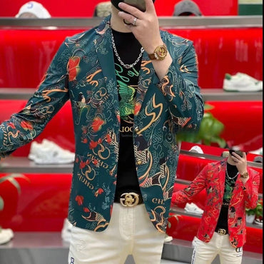 Spring and Summer Suits, Elastic, Luxurious, Koi Men's Slimming, High-end Ironing, Casual, Fashionable and Individual Outerwear