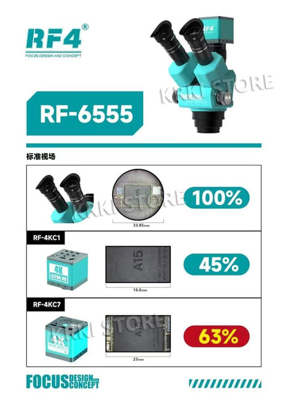 RF4 Microscópio Trinocular Estéreo Rotação 360° com Braço Articulado Suporte de Campo Amplo Câmera HDMI 4K Reparo de Solda de Placa PCB de Celular