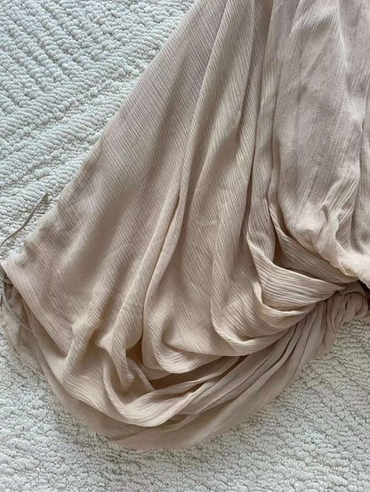 Ladies 100% Silk Elegant Set Pure Color Drawstring Long Sleeve Round Neck Shirt + A-Line Elastic Waist Maxi Skirt Holiday Suits