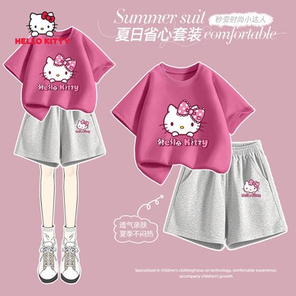 Sanrio Summer Baby Girls 100% Cotton Clothes Set Kid Children Cute Hello Kitty Printed Short Sleeve T-shirts Top And Shorts Suit