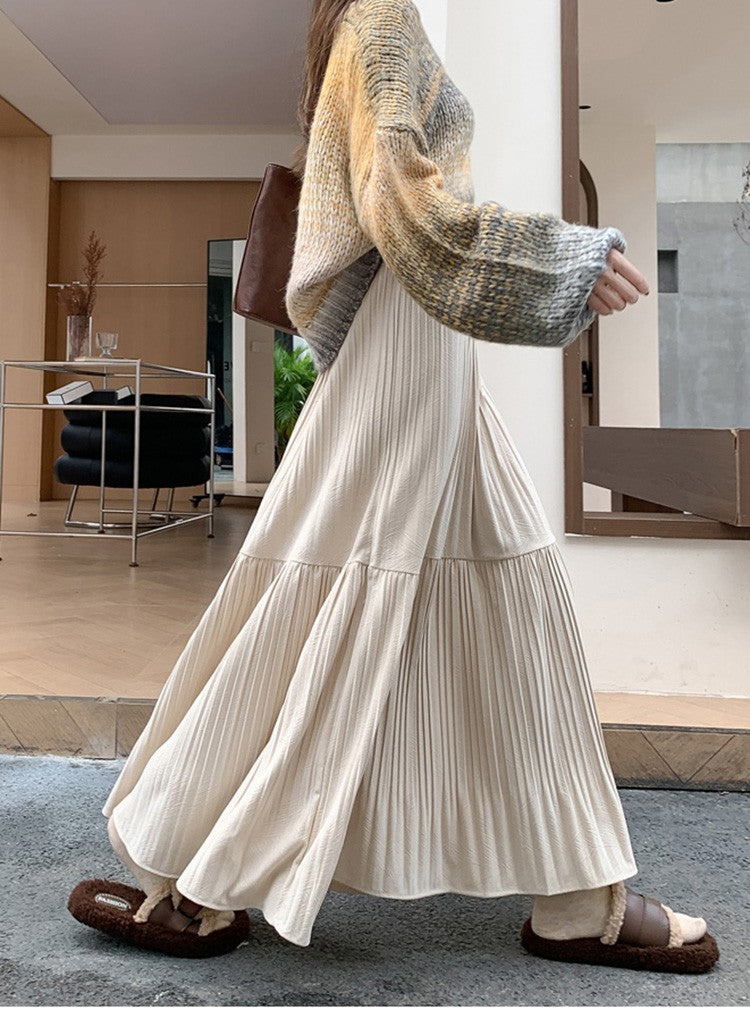 Pleated half skirt for women in autumn and winter 2025 new high waist slimming casual versatile A-line umbrella long skirt