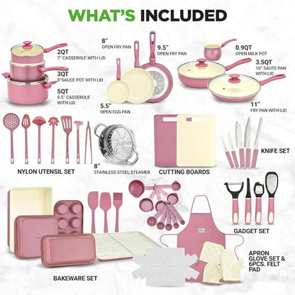 Conjunto de Panelas e Utensílios de Cozinha 54 Peças Completo Antiaderente Cerâmico com Utensílios, Assadeiras e Conjunto de Facas - Gás, Elétrico e Indução