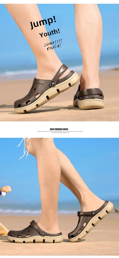 2024 Summer Plus Size Hollow Out Sandals Men's Breathable Slippers Trendy Thick Base Slip-On Beach Shoes Men's Footwear