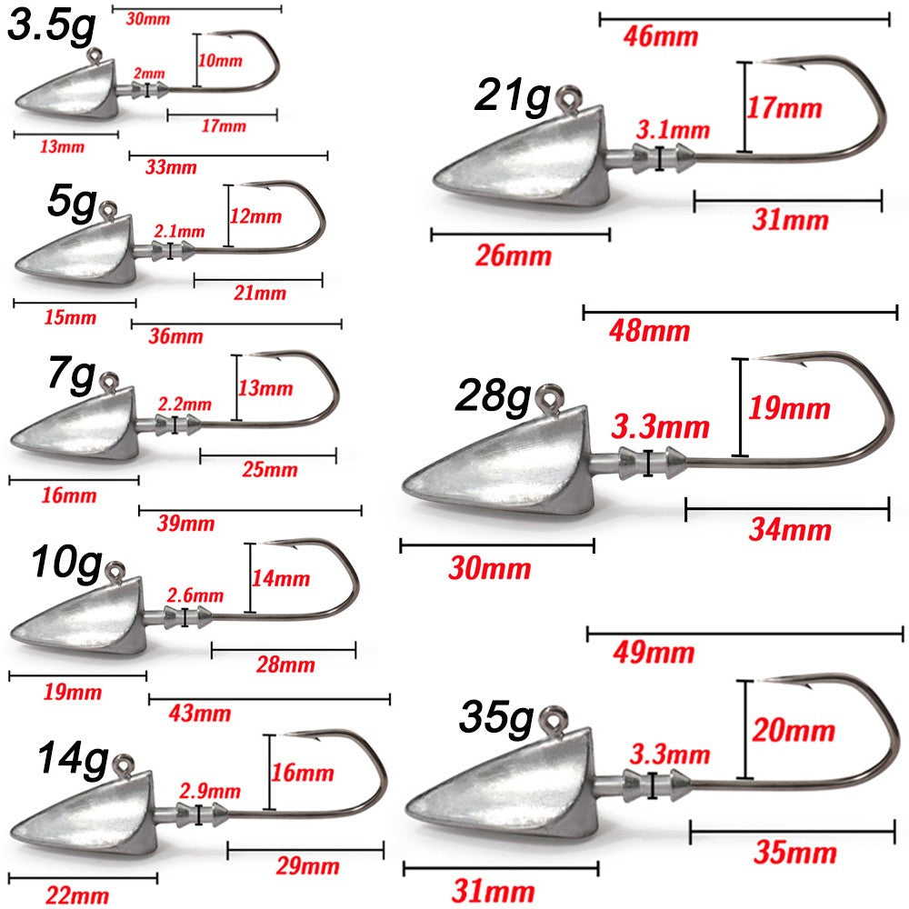 5 anzóis com cabeça triangular 3,5g 5g 7g 10g 21g 35g Anzol tipo barco Equipamento de pesca Texas Rig Pesca Chumbada Pesca Isca Artificial