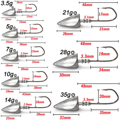 5 anzóis com cabeça triangular 3,5g 5g 7g 10g 21g 35g Anzol tipo barco Equipamento de pesca Texas Rig Pesca Chumbada Pesca Isca Artificial
