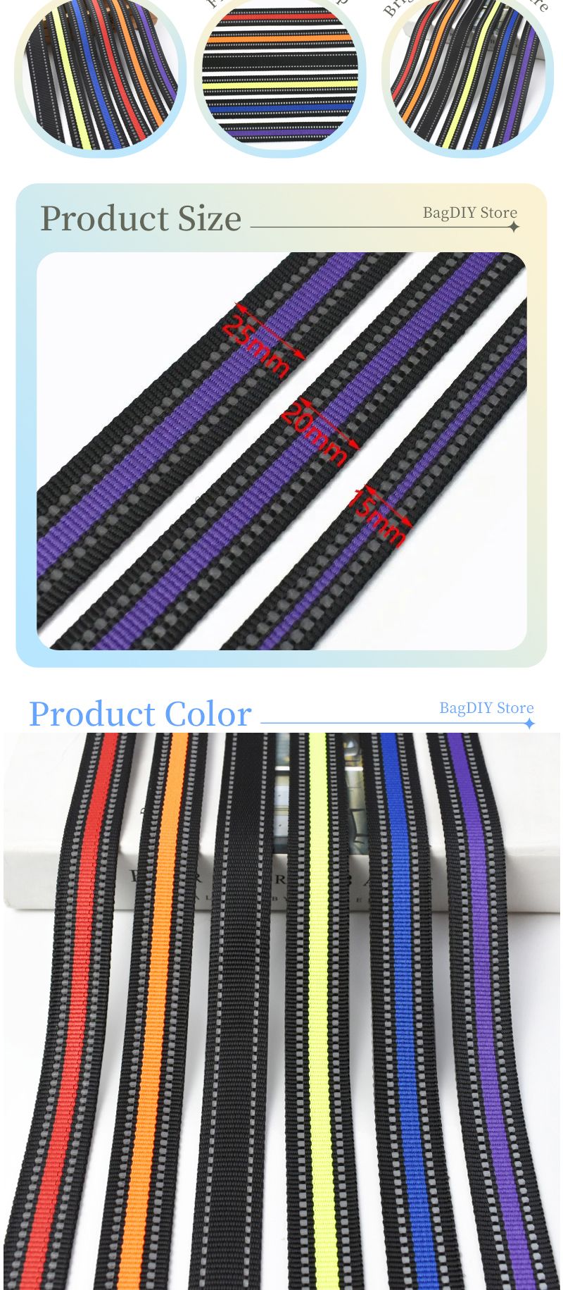 15/20/25mm Reflective Ribbon Tape 5/10M Nylon Webbing Bag Shoulder Strap To The Meter Dog Collar Polyester Binding Belt Supplies