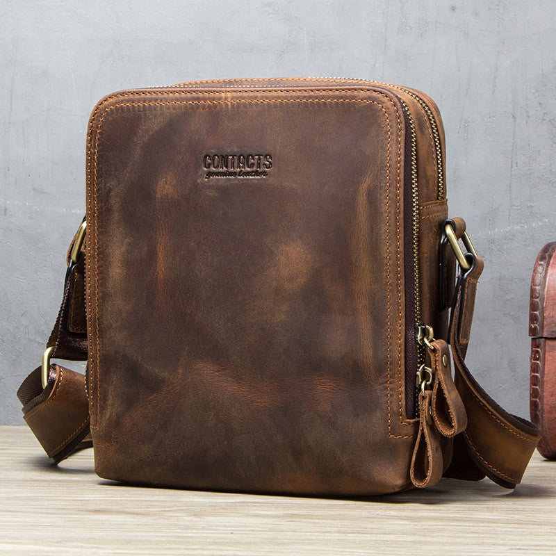 CONTACT'S Genuine Leather Men's Messenger Bag Vintage Sling Shoulder Bags for 7.9" iPad Mini High Quality Male Crossbody Bag Men