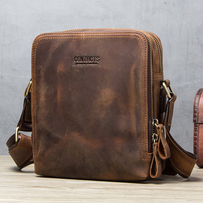 CONTACT'S Genuine Leather Men's Messenger Bag Vintage Sling Shoulder Bags for 7.9" iPad Mini High Quality Male Crossbody Bag Men