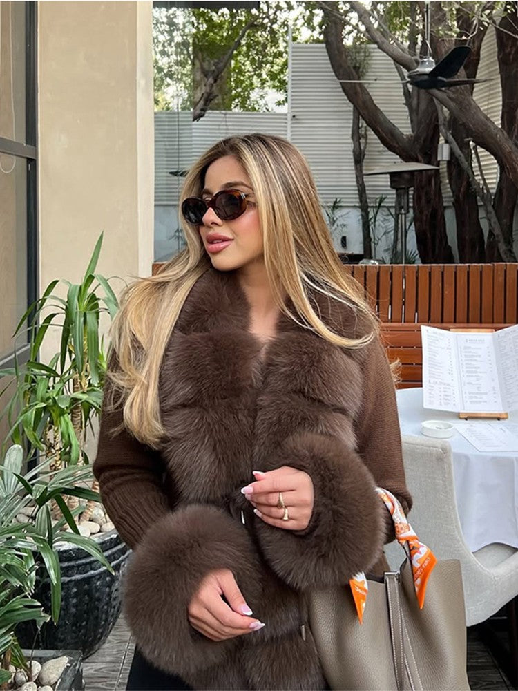 Elegant Knitted Faux Fur Patchwork Women's Coat Thicken Lady Coats 2025 Autumn Winter Chic Female Street Warm Outerwears