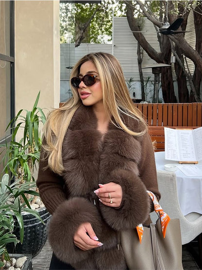 Elegant Knitted Faux Fur Patchwork Women's Coat Thicken Lady Coats 2025 Autumn Winter Chic Female Street Warm Outerwears