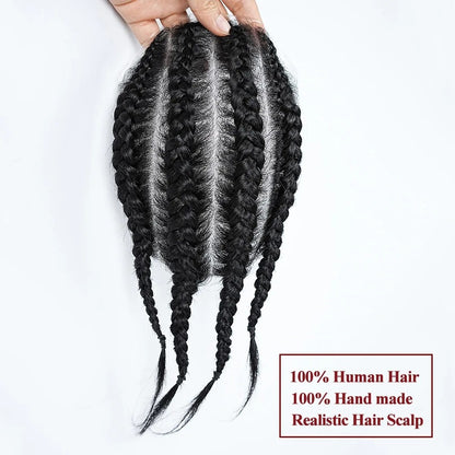Peruca Masculina Cornrow Box Braids de Cabelo Humano, Touca Masculina de Cabelo Humano com Pele PU, Sistemas de Substituição de Cabelo para Homens, Prótese Capilar