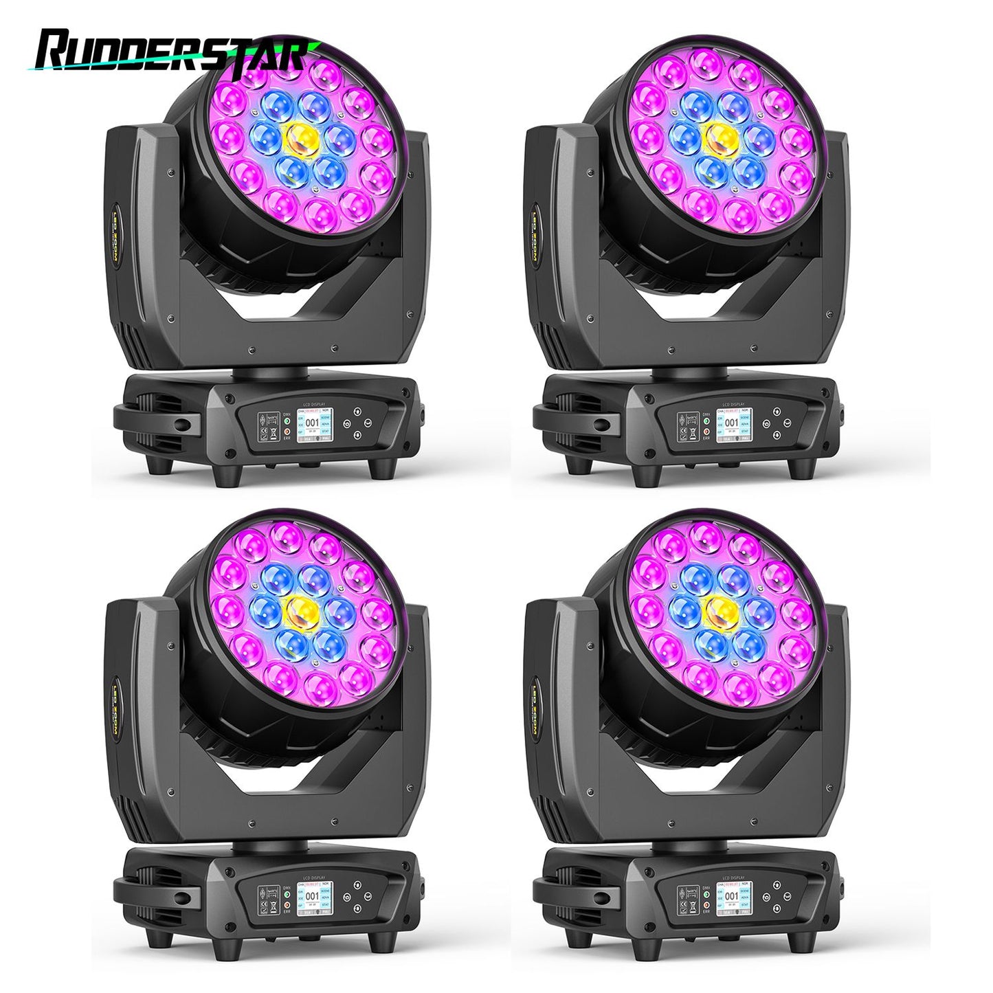 4PCS 19x15W Moving Head Light Beam RGBW Stage Effect Lighting Projector Zoom Wash Lights for Party Concert Theater Live Show Bar