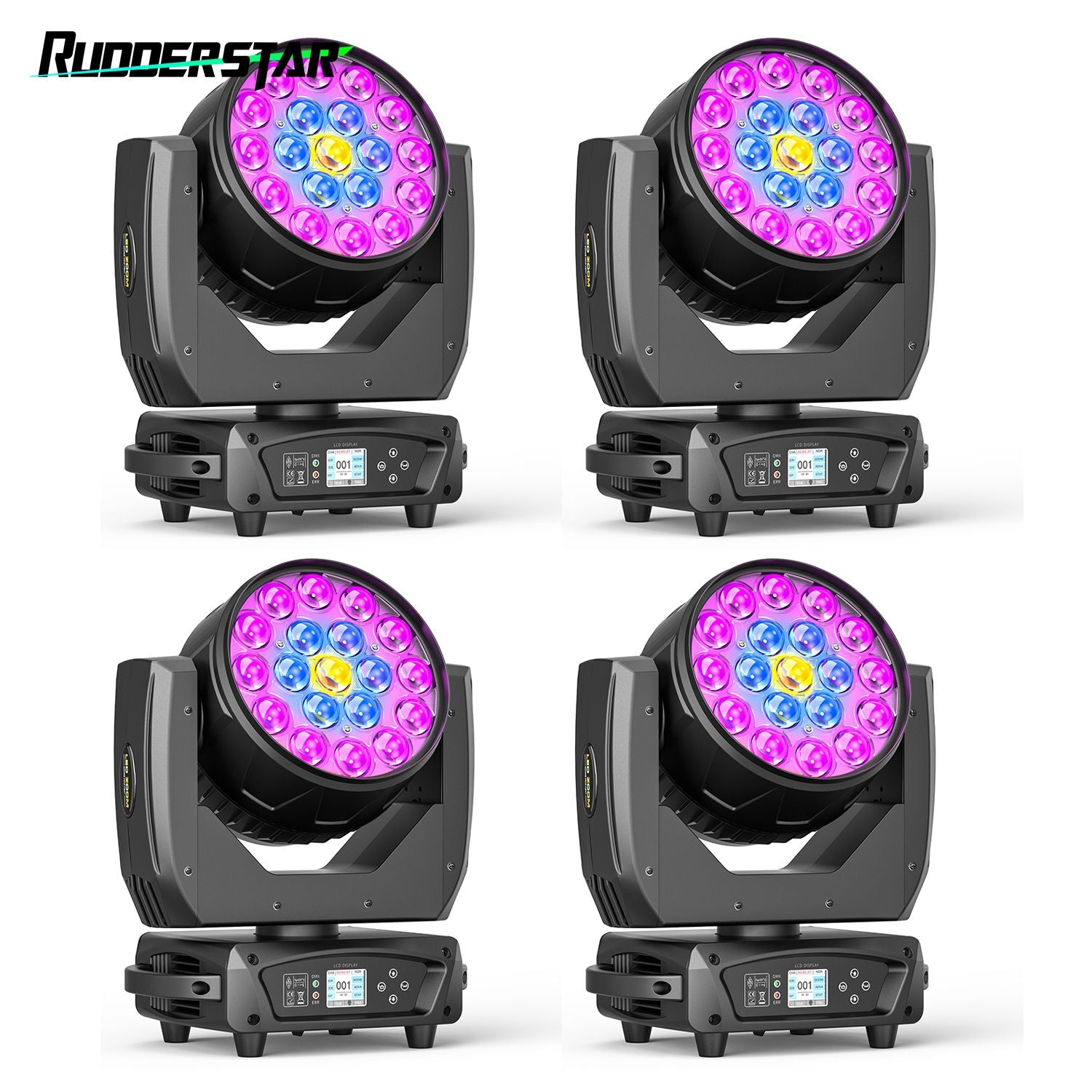 4PCS 19x15W Moving Head Light Beam RGBW Stage Effect Lighting Projector Zoom Wash Lights for Party Concert Theater Live Show Bar