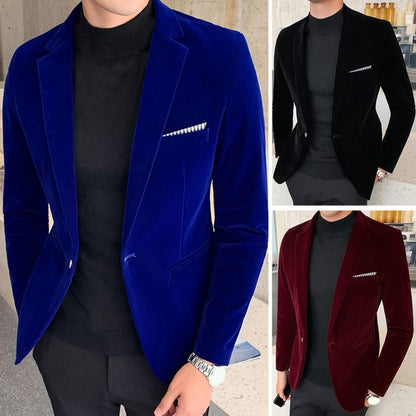 Spring Velvet Men Solid Color Temperament Suit Jacket Turndown Collar Long Sleeve Slim Fit Single Button Velvet Suit Coat