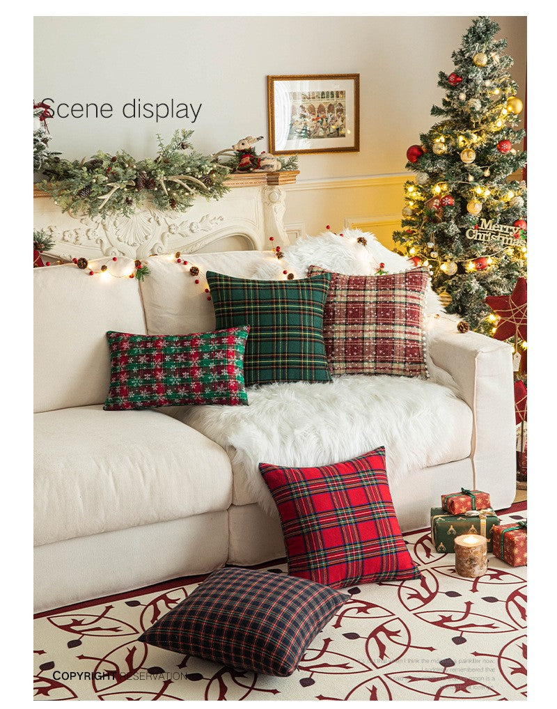 Home Christmas Decor Plaid Cushion Covers Red Checkered Polyester Cotton Xmas Ornament Snowflake Throw Pillowcase Decorative