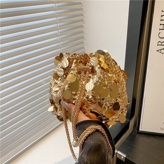 Sequin Chain Women's Portable Bucket Shoulder Bags Retro Ladies Dinner Party Clutch Purse Luxury Design Female Crossbody Bag