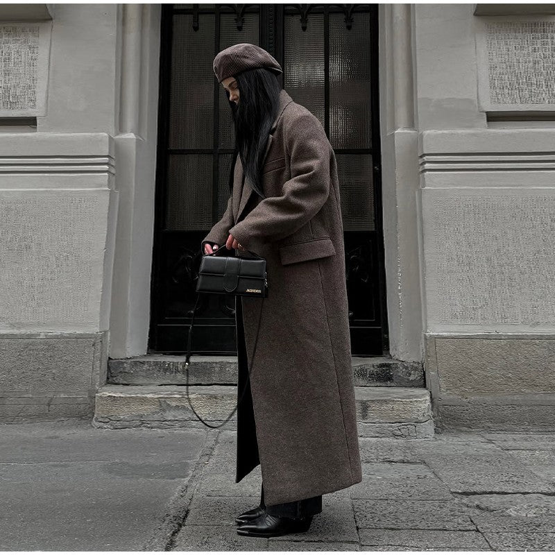 Women Shoulder Pad Wool Long Coats Fashion Lapel Single-breasted Long Sleeve Coat Chic 2025 Autumn Lady Commute Street Outerwear