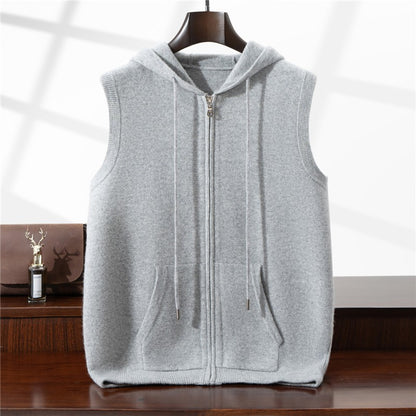 Autumn Winter Thickened Warm 100% Pure Wool Vest Men's Vest with Hood Zipper Cardigan Casual Pocket Sweater Jacket