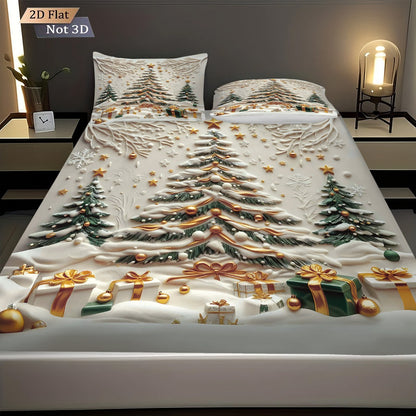 3pcs Christmas tree print coreless bed sheet set with various sizes of bed covers, bedroom bedding decorations, machine washable