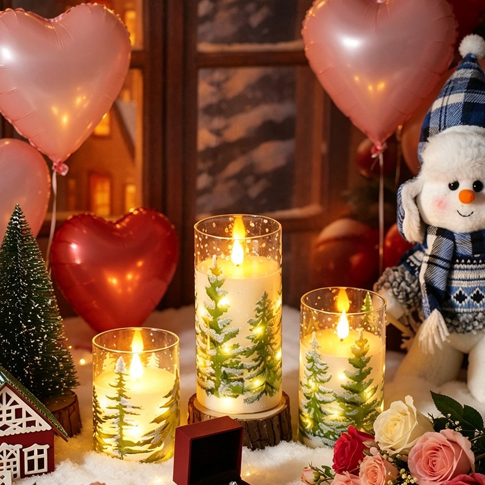 3in Glass Paraffin Built In String Light Print LED Flameless Candle 2AA Battery Remote Control Christmas Candle Decor Lighting
