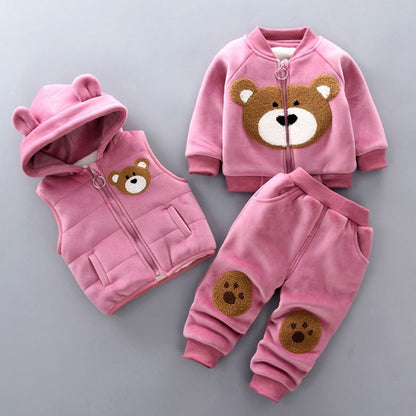 Autumn Winter Baby Boys Clothes Sets Thick Fleece Cartoon Bear Jacket Vest Pants 3Pcs Cotton Sport Suit For Girls Warm Outfits