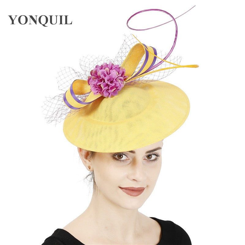 Novo Design Amarelo Com Cabelo Roxo Fascinator Chapéu Tiara Nupcial Casamento Festa Adereço de Cabelo Malha Senhoras Ocasião Acessórios de Cabelo