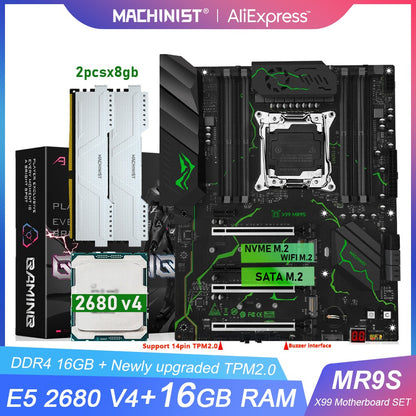 MACHINIST X99 Motherboard LGA2011-3 kit Set Intel Xeon E5 2680 V4 CPU DDR4 2*8GB RAM NVME M.2 Four channels MR9s supports TPM2.0