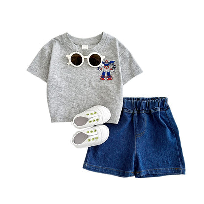 2025 Summer New Baby Clothes Infant Robot Embroidery Top+Bottom Set Baby Boys Girls Casual Baby Set Newborn Baby Clothes 2Pcs