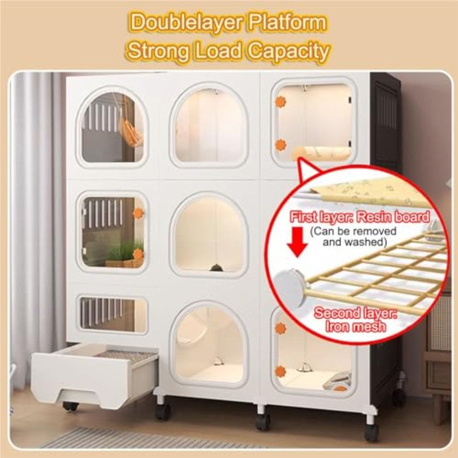 Gaiola Grande para Gatos com Rodas para Varanda ou Uso Interno Construção em PVC Fácil de Limpar Inclui Caixa de Areia Tamanho B-71x46x110c