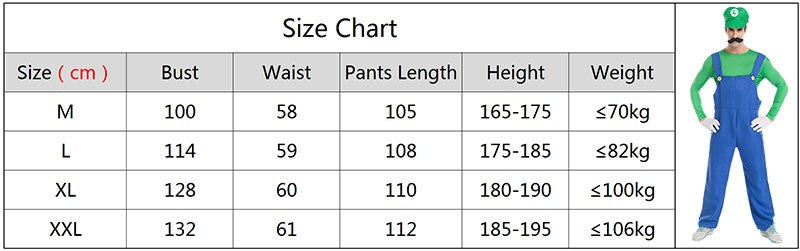 Halloween Carnival adult Men Funy Super game Cosplay Costume Luigi Bros Plumber Christmas Fancy Dress
