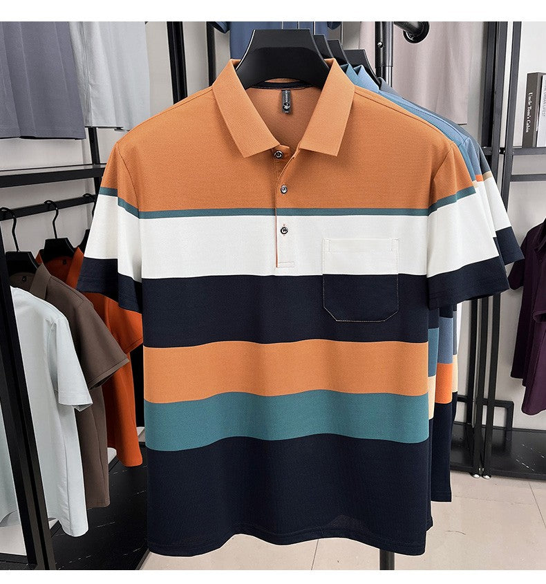 High-quality short sleeve polo shirt men fashion color striped pocket design summer new breathable trendy casual lapel T-shirt