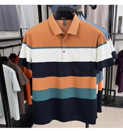 High-quality short sleeve polo shirt men fashion color striped pocket design summer new breathable trendy casual lapel T-shirt
