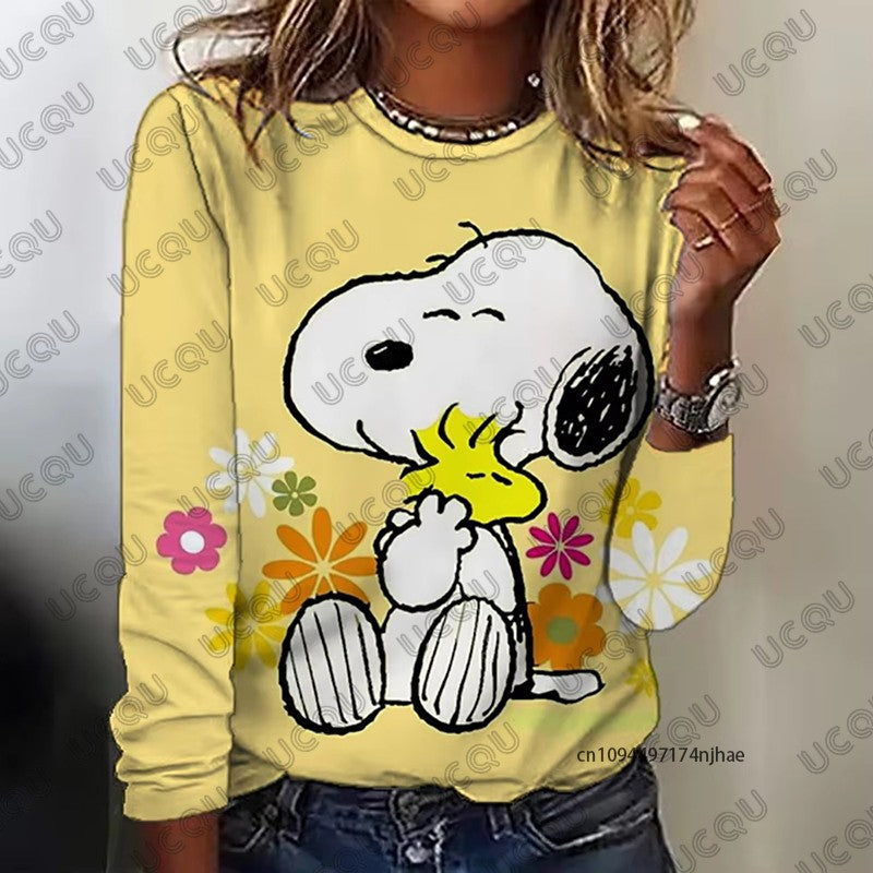 Autumn Winter New Cartoon Snoopy Print Women's Long Sleeve T-shirt Fashion O-neck Tees Casual Sweatshirt Oversize Female Clothes