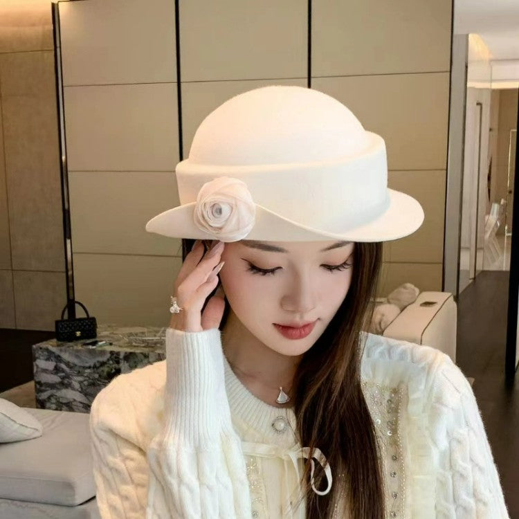 French light luxury Australian wool felt hat Hepburn style camellia flower small brim basin hat women elegant banquet top hat