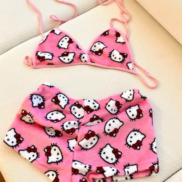 2Pcs/Set Sanrio Hello Kitty Y2K Cartoon Pajama Set Anime Womens‘s Home Wear Casual Summer Beachwear