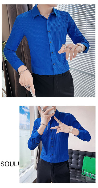 Streetwear Fashion Korean Clothing Solid Shirts Spring Autumn Men Long Sleeve Striped Lapel Single Sockets Business Casual Tops