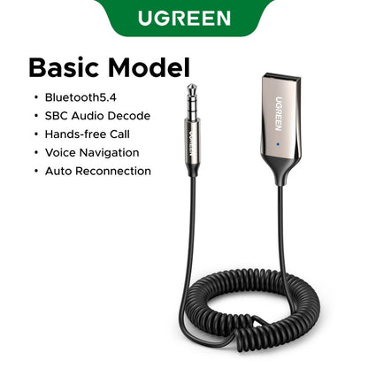 UGREEN Bluetooth 6.0 5.4  Aux Wireless Car Bluetooth USB to 3.5mm Jack Audio Mic Handsfree Adapter for Car Speaker