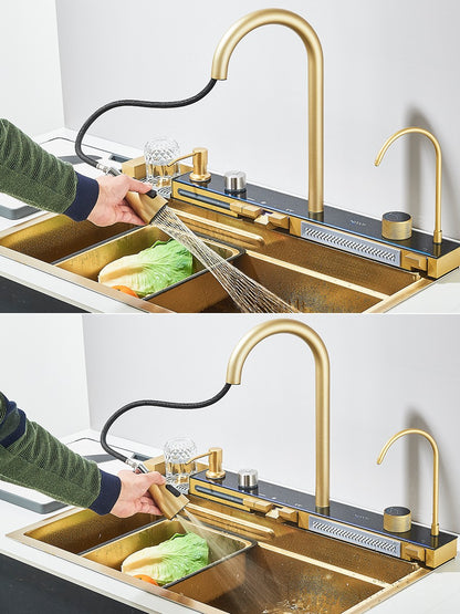 Large 304 Kitchen Sinks 75x45cm Stainless Steel Kitchen Waterfall Sink Digital Display Large Single Sink Dish Washer Faucet