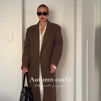 Women Shoulder Pad Wool Long Coats Fashion Lapel Single-breasted Long Sleeve Coat Chic 2025 Autumn Lady Commute Street Outerwear