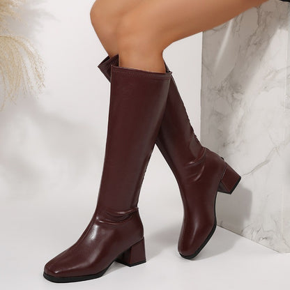 Winter Women Knee High Boots Cosy Soft Leather Thick Heel Shoes Female Vintage Slim Long Booties Zapatos De Muje