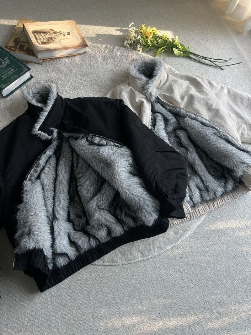 2025 Winter New Fashion Mountain Carving Imitation Wolf Fur Coat Men and Women Y2K Harajuku Hip-hop Pop Bomber Jacket Cleanfit