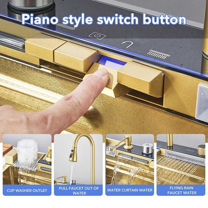 Golden Double Waterfall Sink Stainless Steel Kitchen Sink Embossed Large Single Slot Wash Basin Washing Pond For Kitchen