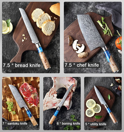 XITUO Kitchen Knives Set Damascus Steel VG10 Chef Knife Cleaver Paring Bread Knife Blue Resin Stabilised Wood Handle 1-7PCS set